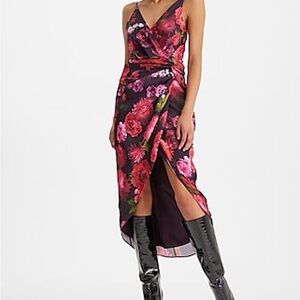 Express Satin Floral Twist  Wrap Dress - Black and Pink